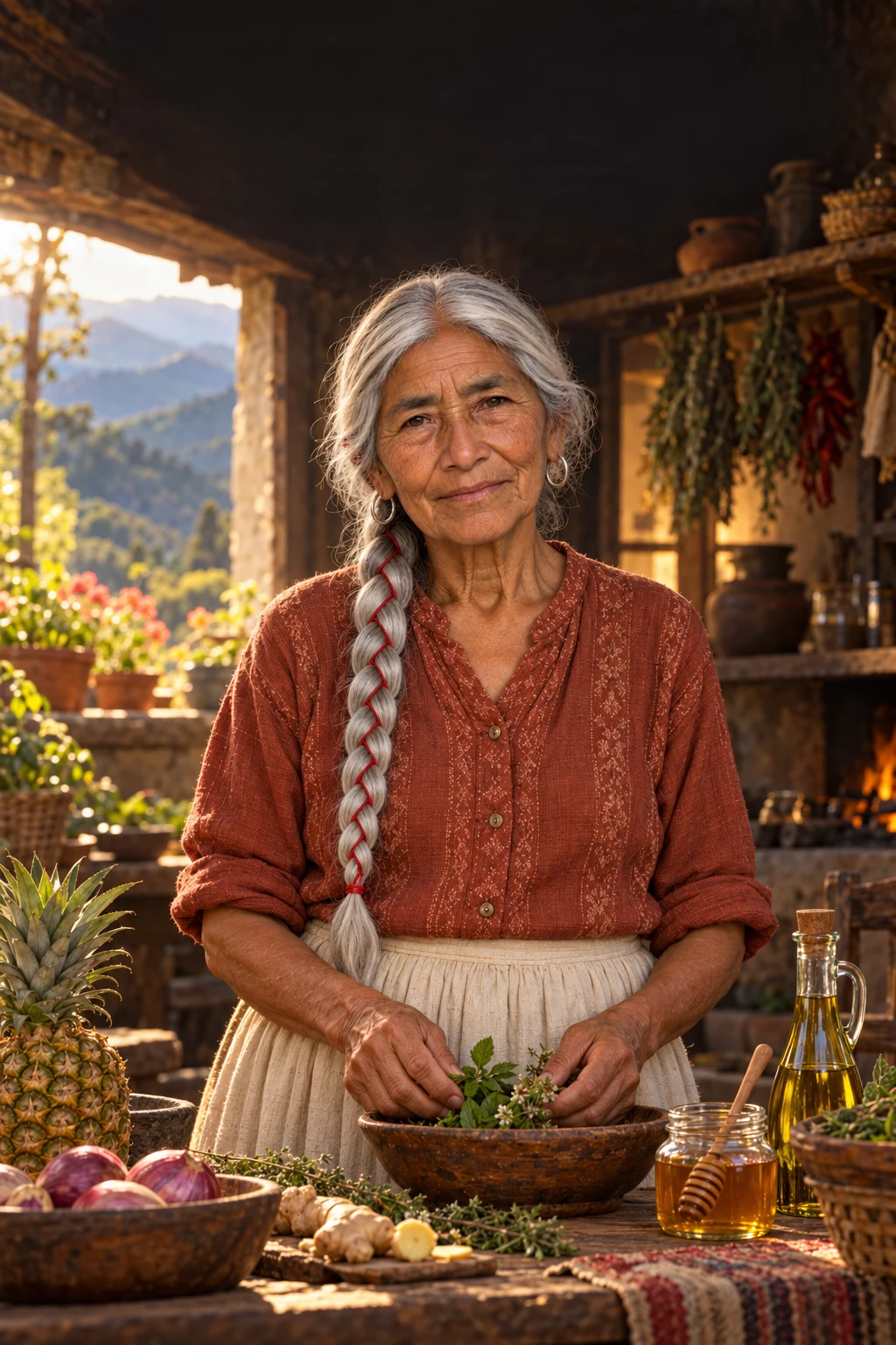Aurelia, de cabello gris trenzado, preparando hierbas en su cocina de campo